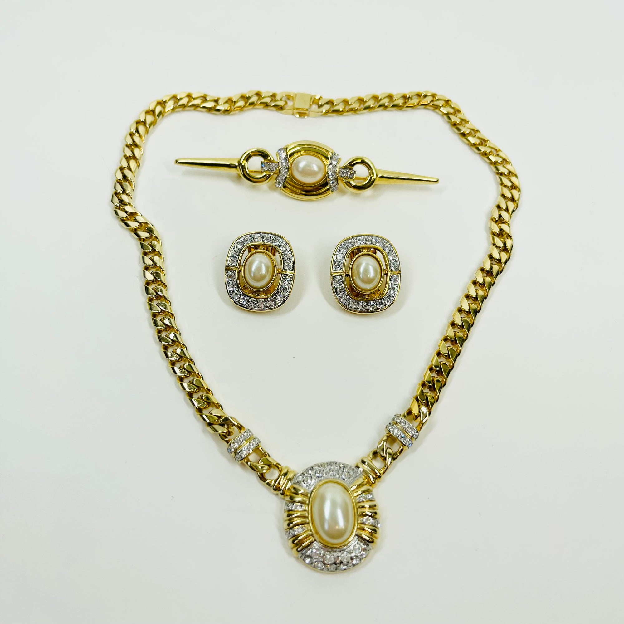 1980s OROTON COSTUME PEARL NECKLACE EARRINGS BROOCH SUITE