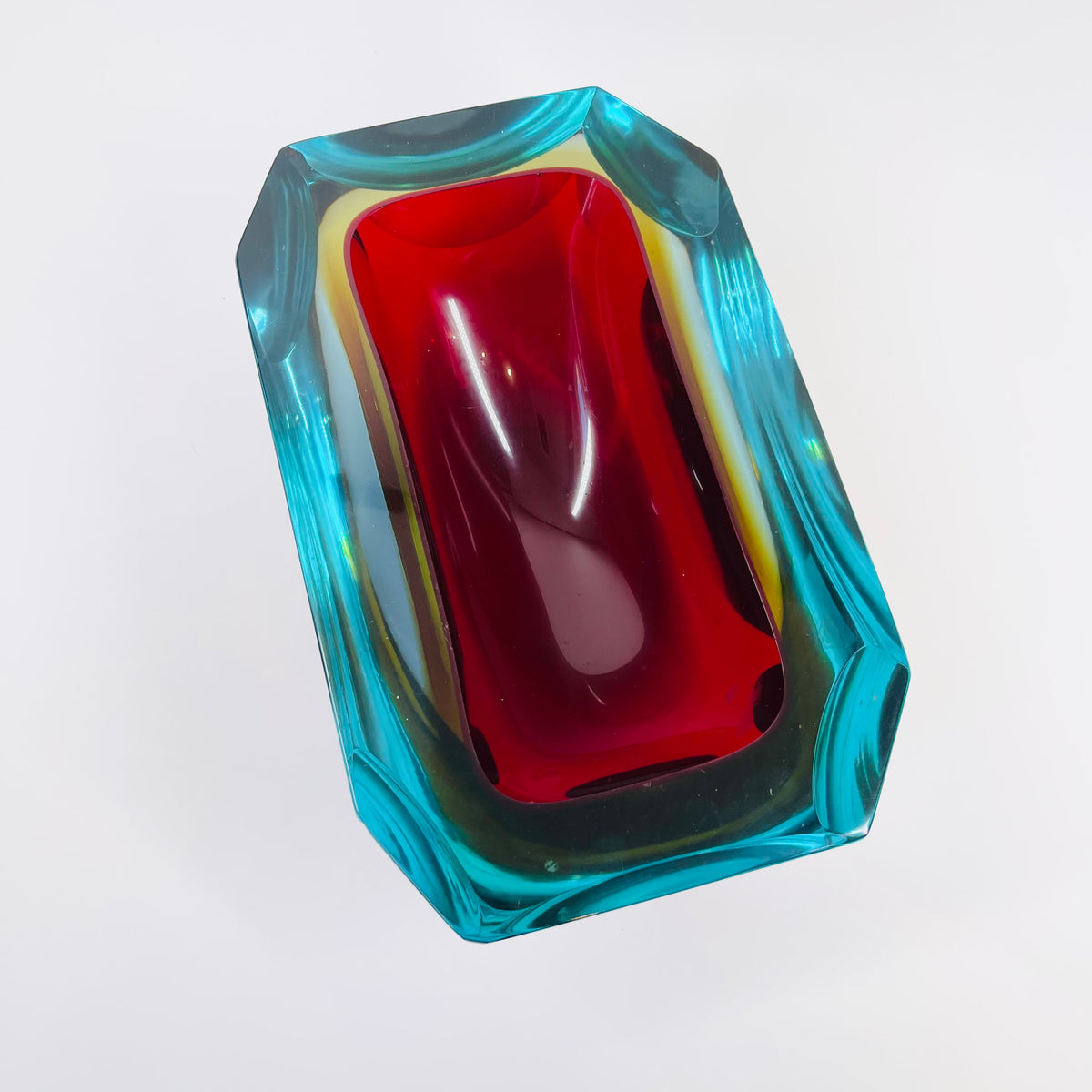 XXL 1950s RED BLUE AMBER MURANO MANDRUZZATO SOMMERSO FACETED GLASS BOWL