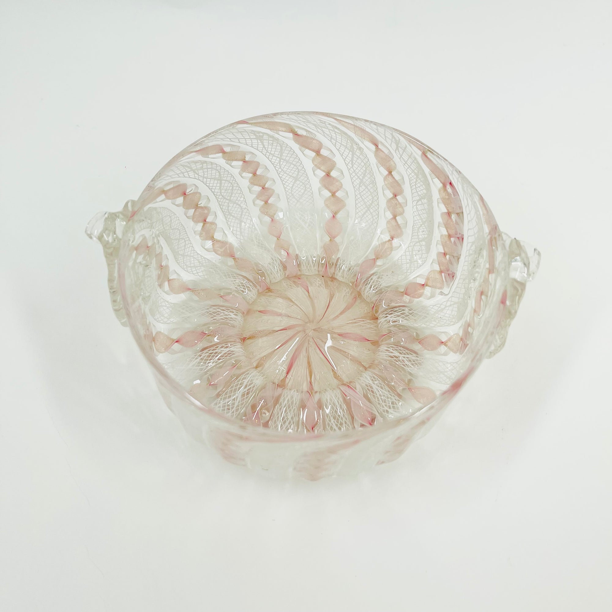 ANTIQUE PINK ZANFIRICO &amp; LATTICINO GLASS PINCHED BOWL &amp; MATCHING PLATE