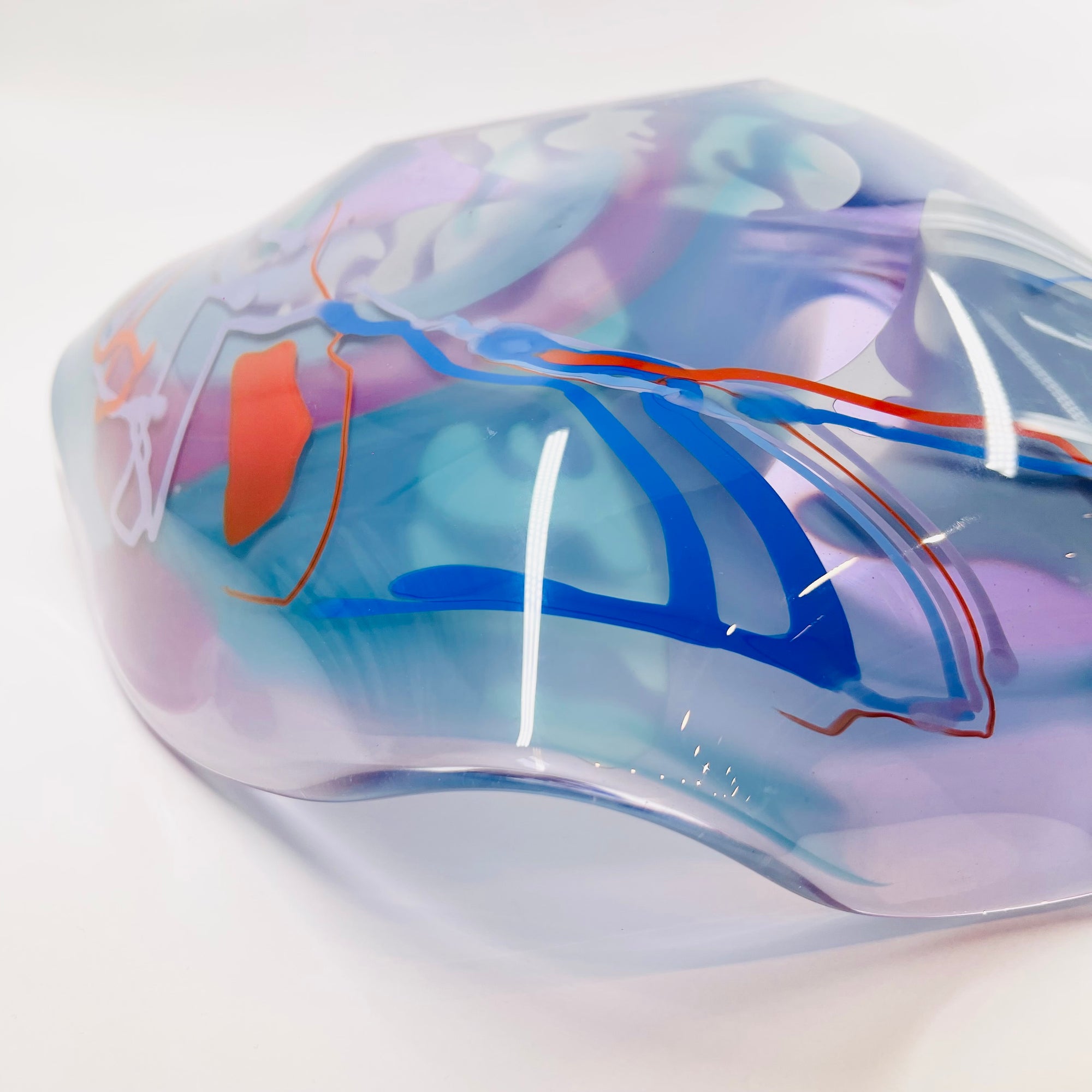 1980s HAND MADE HARLEQUIN CAMEO PURPLE BASE SPATTER ART GLASS XL BOWL BY JOHN MACPHERSON