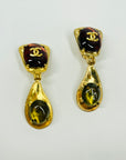 1997 CHANEL GRIPOIX RED & YELLOW GREEN CC LOGO DROP CLIP ON EARRINGS