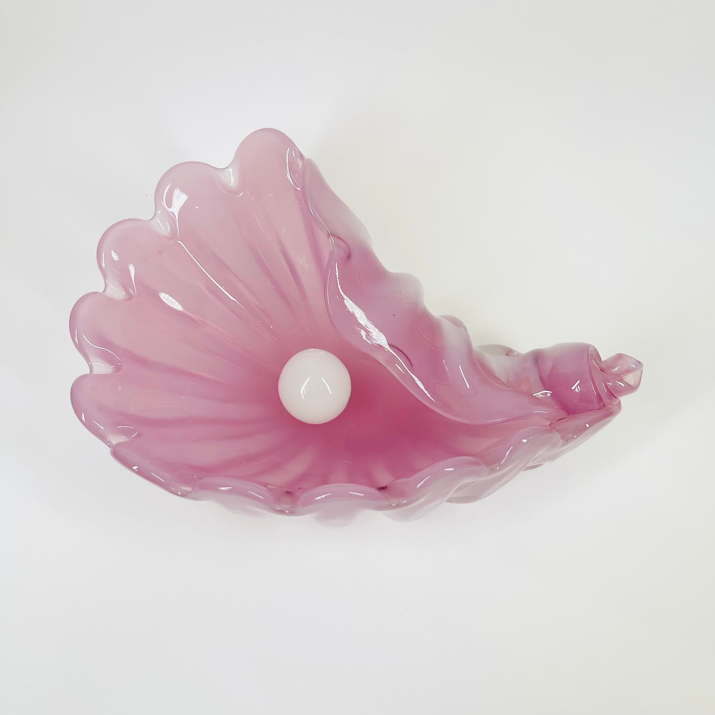 1950s PINK MURANO OPALINE GLASS SHELL BOWL WITH PEARL