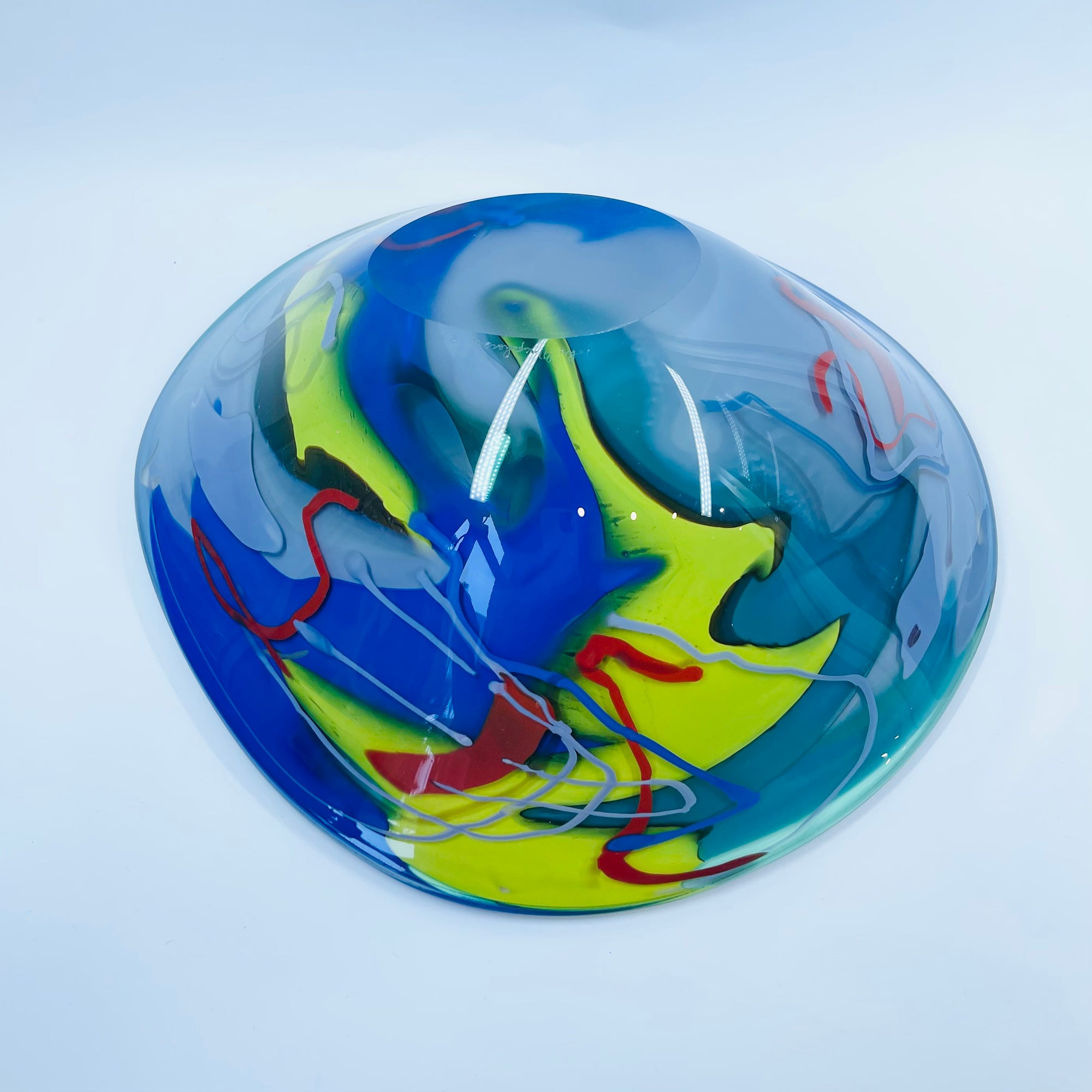 1987 HAND MADE HARLEQUIN CAMEO GREEN BLUE BASE SPATTER ART GLASS XL BOWL BY JOHN MACPHERSON