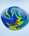 1987 HAND MADE HARLEQUIN CAMEO GREEN BLUE BASE SPATTER ART GLASS XL BOWL BY JOHN MACPHERSON
