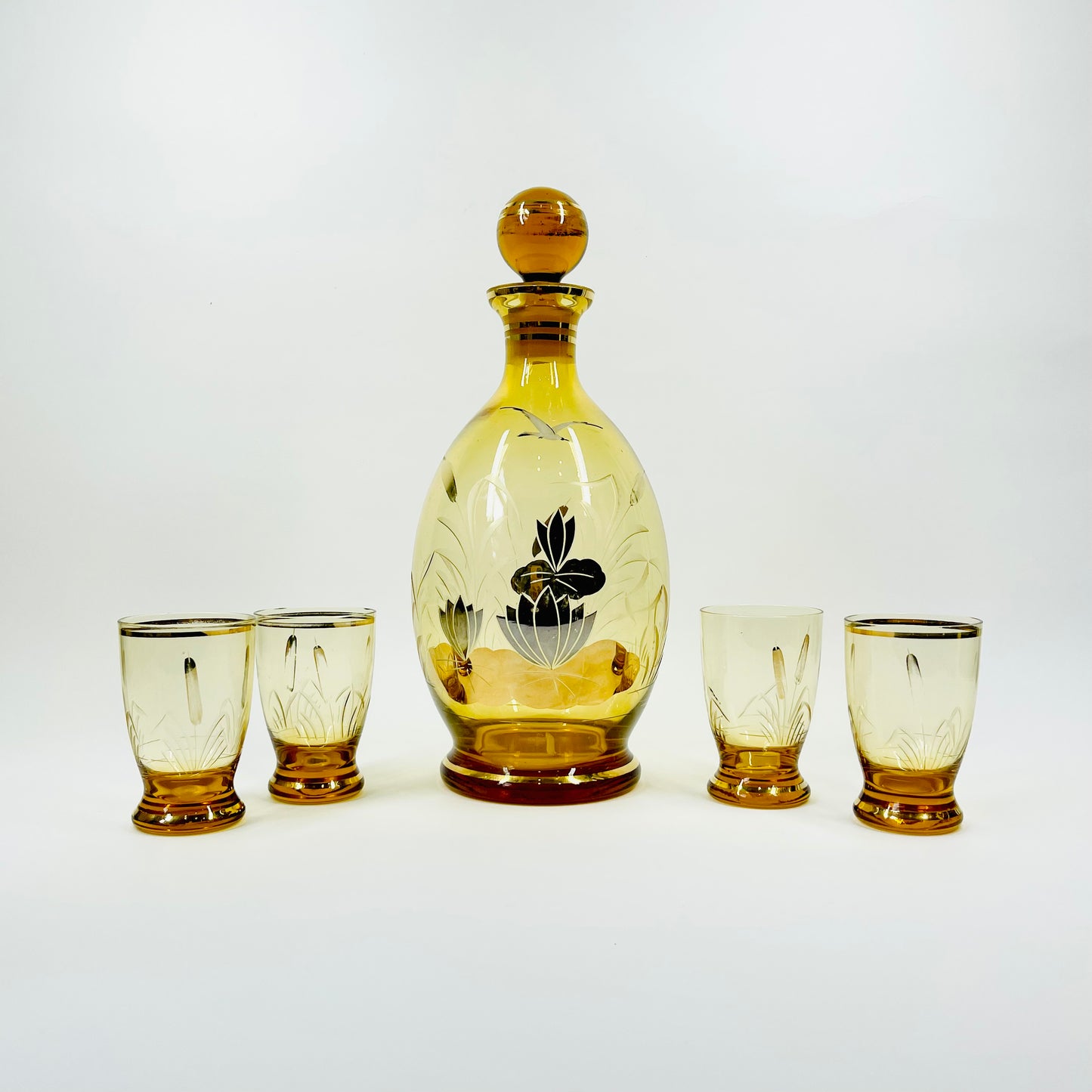 1940s AMBER GOLD SILVER GILDED GLASS DECANTER SET