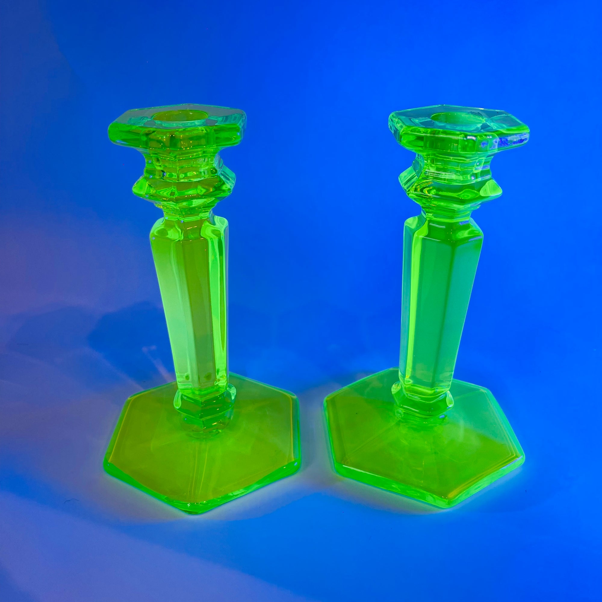 ART DECO URANIUM GLASS CANDLE STICKS