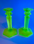 ART DECO URANIUM GLASS CANDLE STICKS