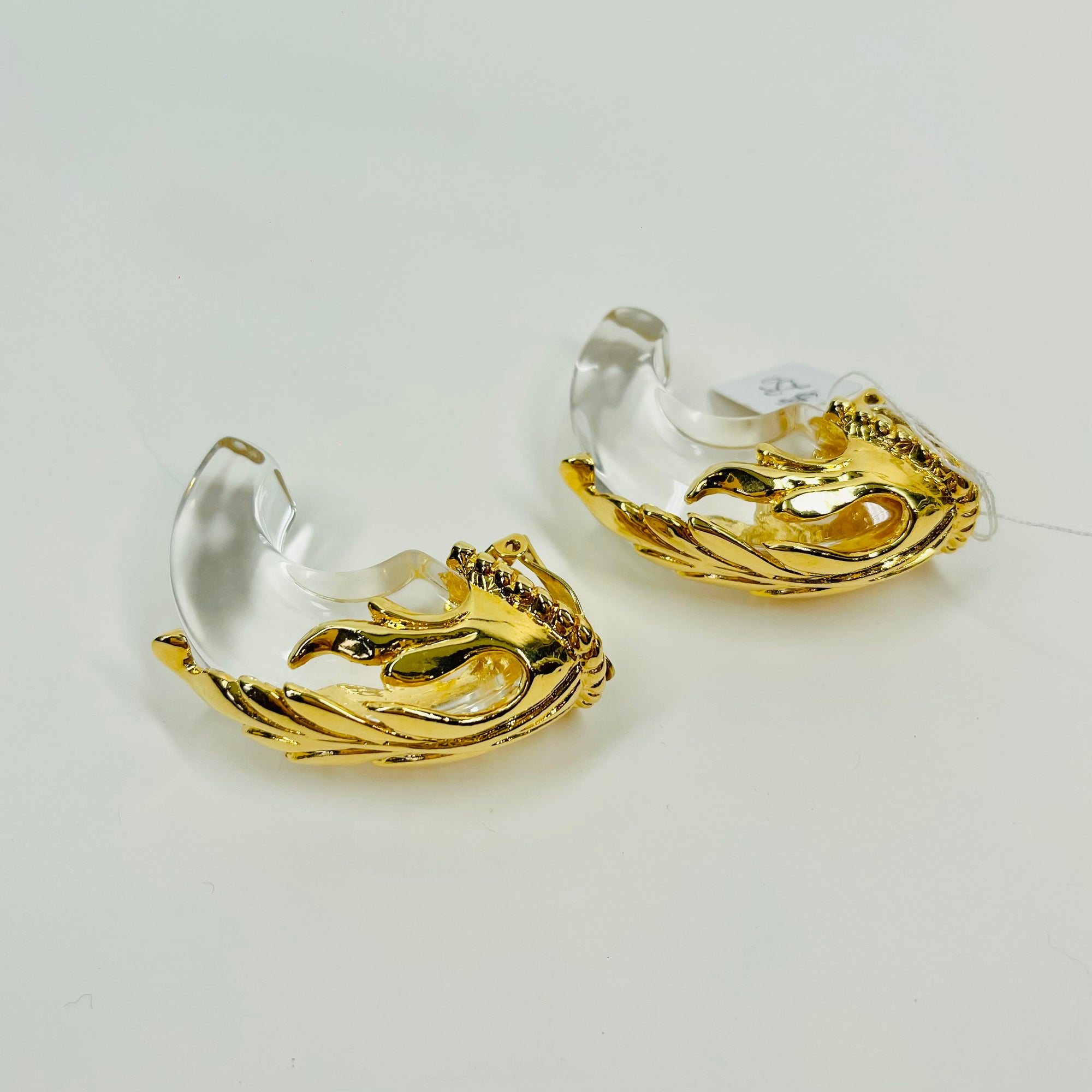 LARGE 1980s GOLD PLATED LUCITE CLIP ON EARRINGS