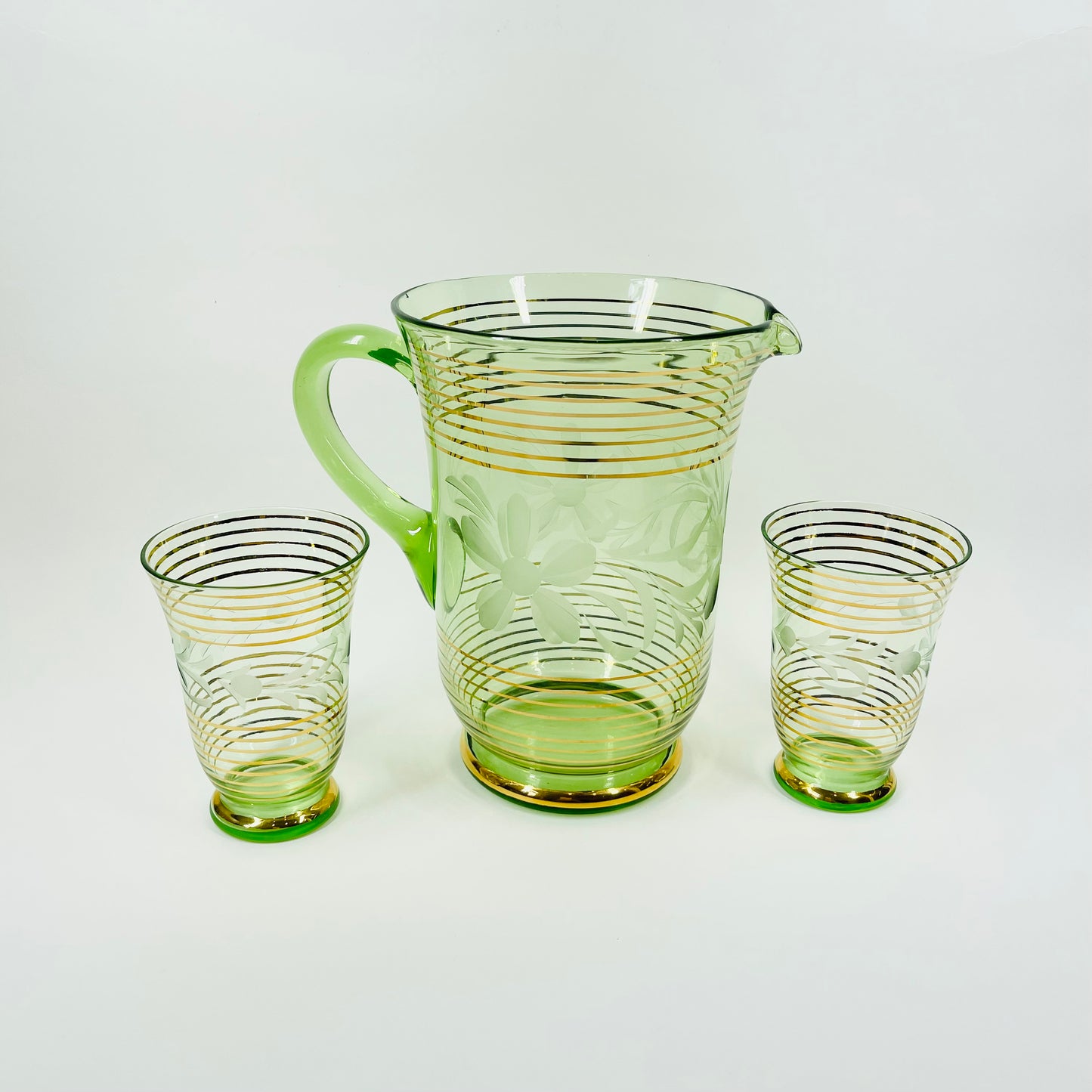 1950s GREEN GOLD GILDED GLASS JUG SET