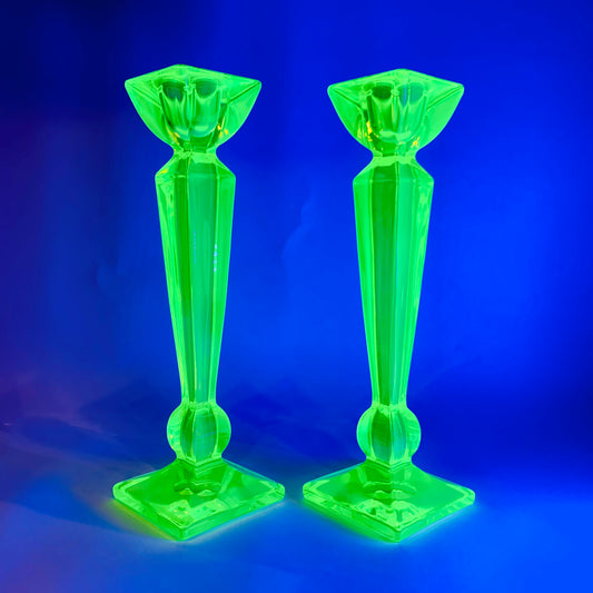 ART DECO URANIUM GLASS CANDLE STICKS