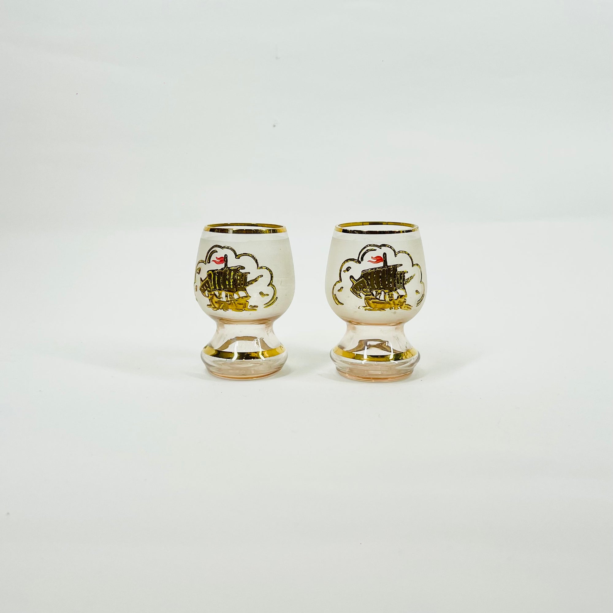 1950s PINK GOLD GILDED SHIP GLASS DECANTER SET