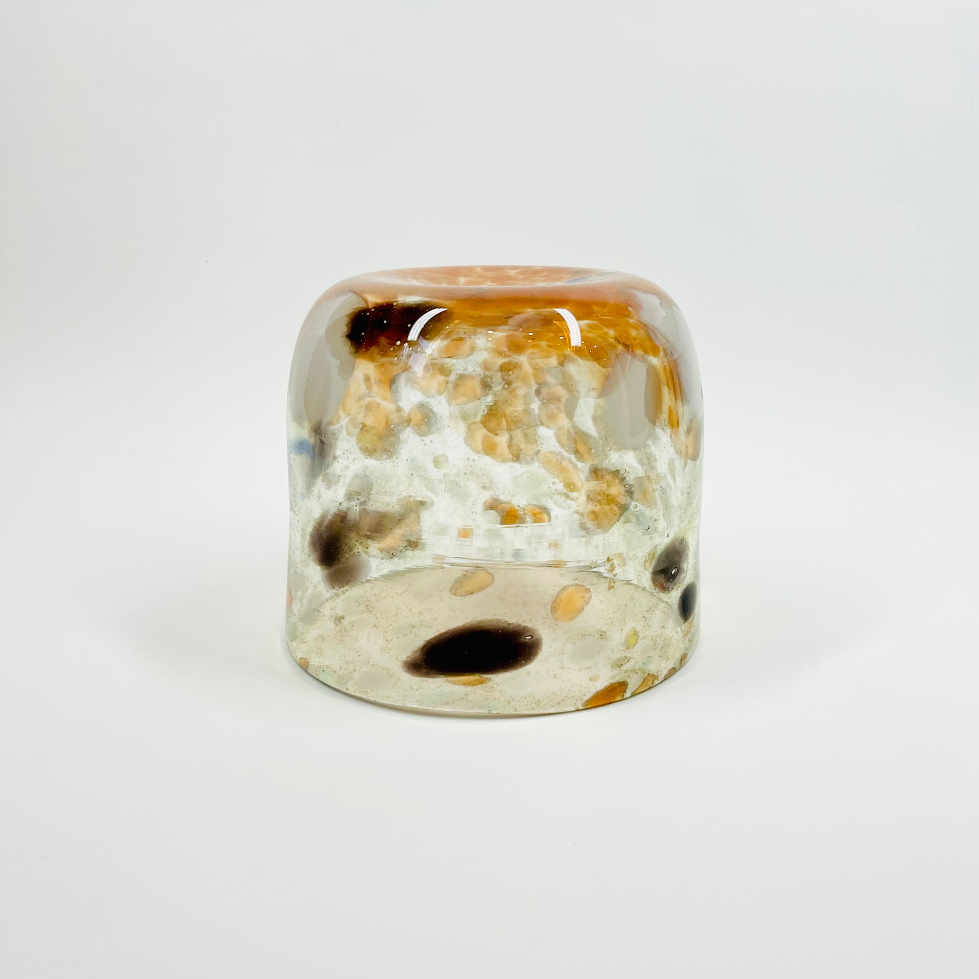1980s AUSTRALIAN MOUTH BLOWN ORANGE BLACK WHITE SPATTER ART GLASS MINI BOWL/VASE