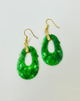 1950s GOLD PLATED CARVED JADE DROPLETS EARRINGS WITH CHINESE ORNAMENT MOTIVE