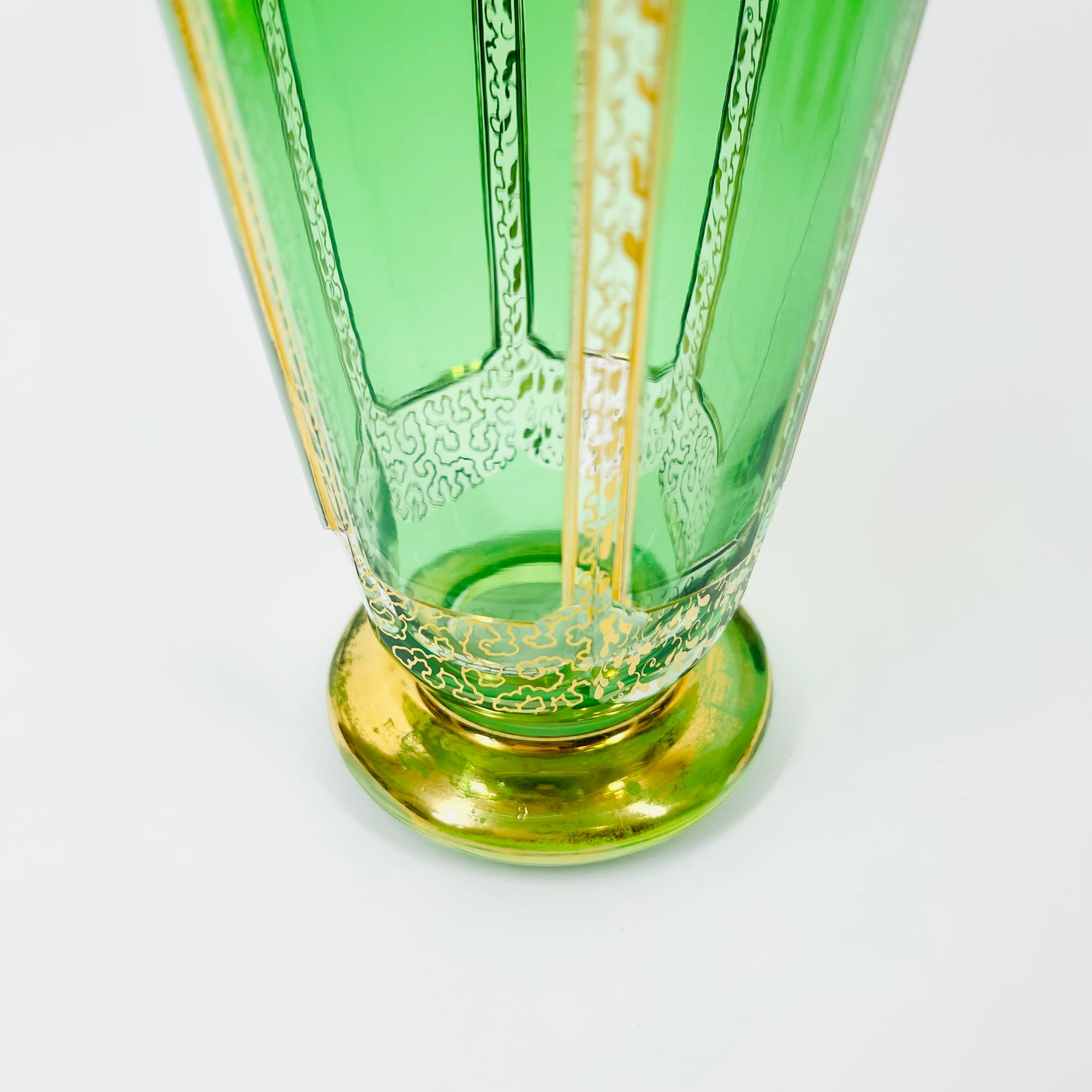 ANTIQUE ART DECO HAND CUT GOLD GILDED GREEN CRYSTAL DECANTER SET