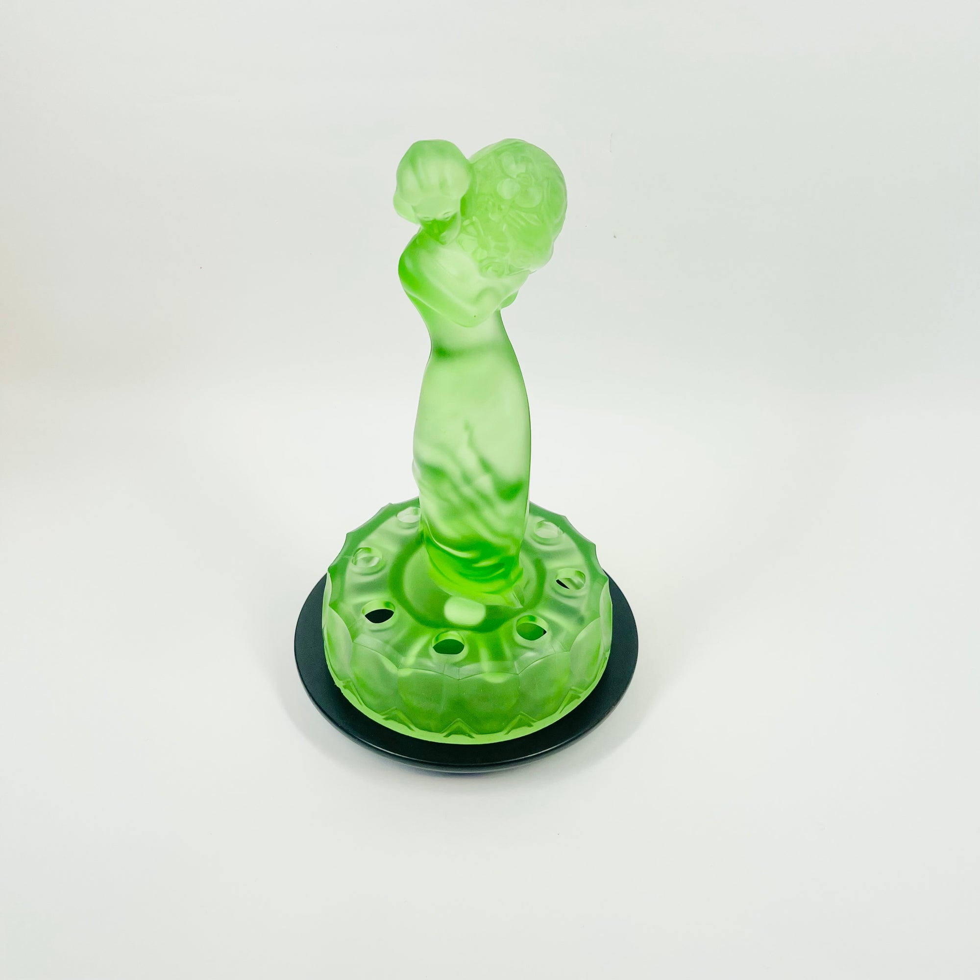 ANTIQUE ART DECO GREEN SATIN URANIUM GLASS LADY FLOWER FROG