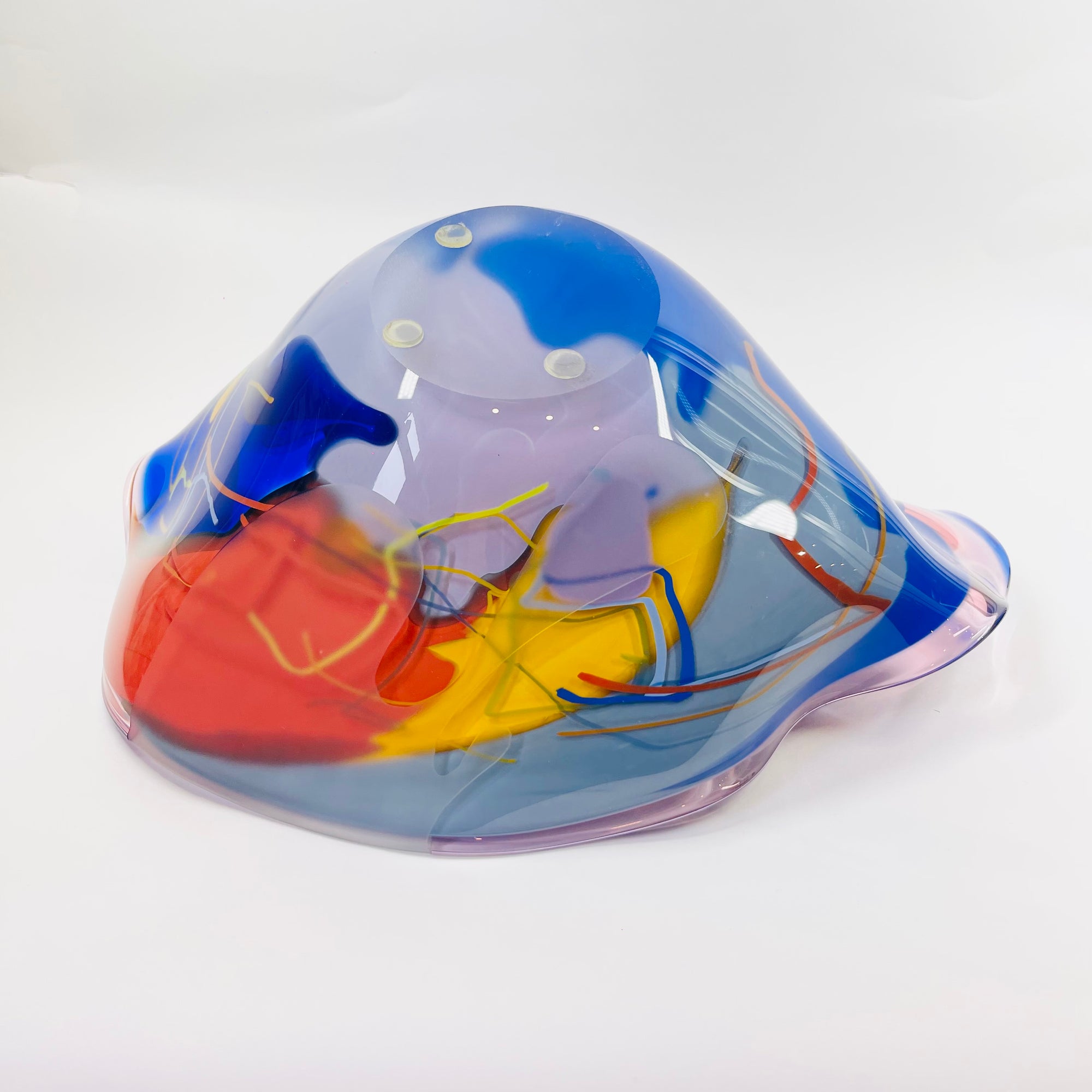 1986 SIGNED HAND MADE HARLEQUIN CAMEO COBALT BLUE BASE SPATTER ART GLASS XL BOWL BY JOHN MACPHERSON