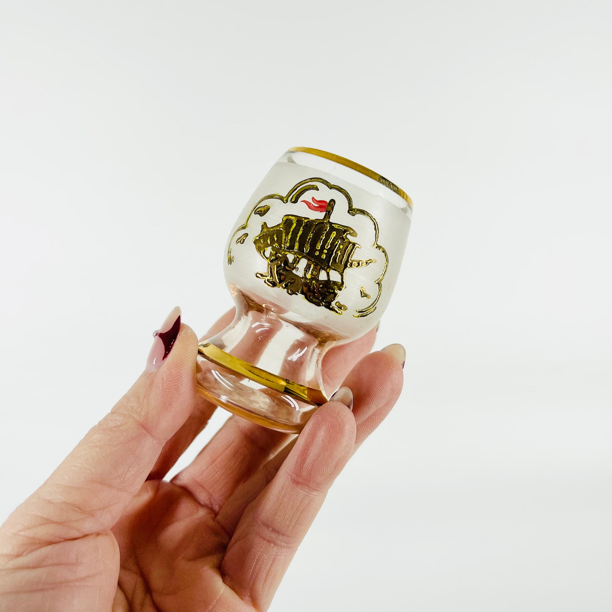 1950s PINK GOLD GILDED SHIP GLASS DECANTER SET