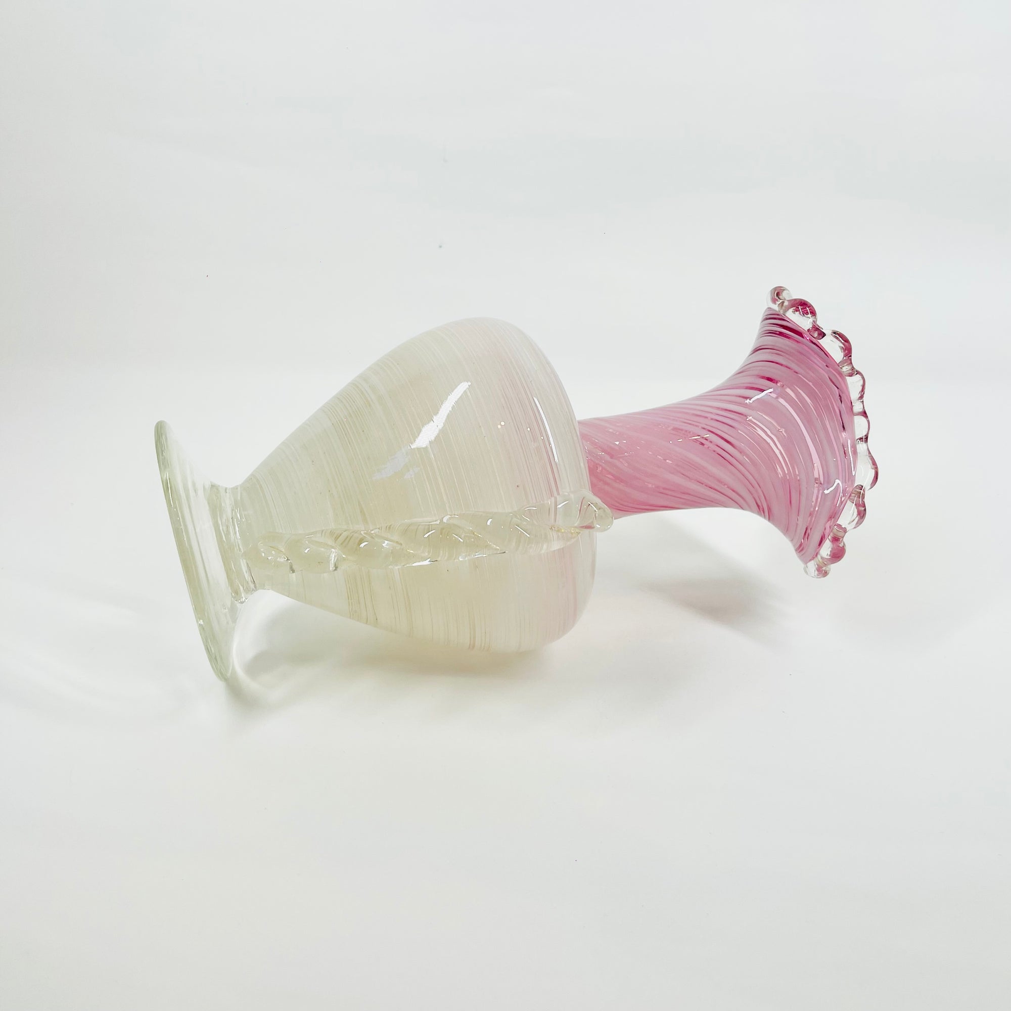 ANTIQUE MURANO PINK WHITE LATTICINO SOMMESO GLASS FOOTED RUFFLE RIM VASE