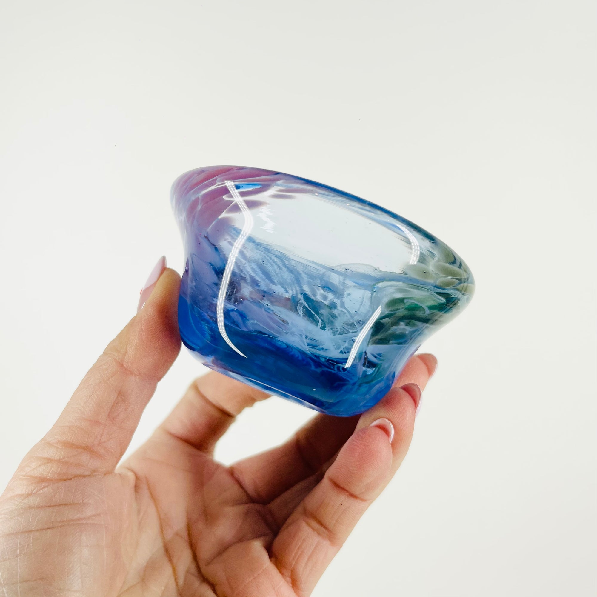 1980s AUSTRALIAN MOUTH BLOWN PINK PURPLE SPATTER ART GLASS MINIATURE BOWL