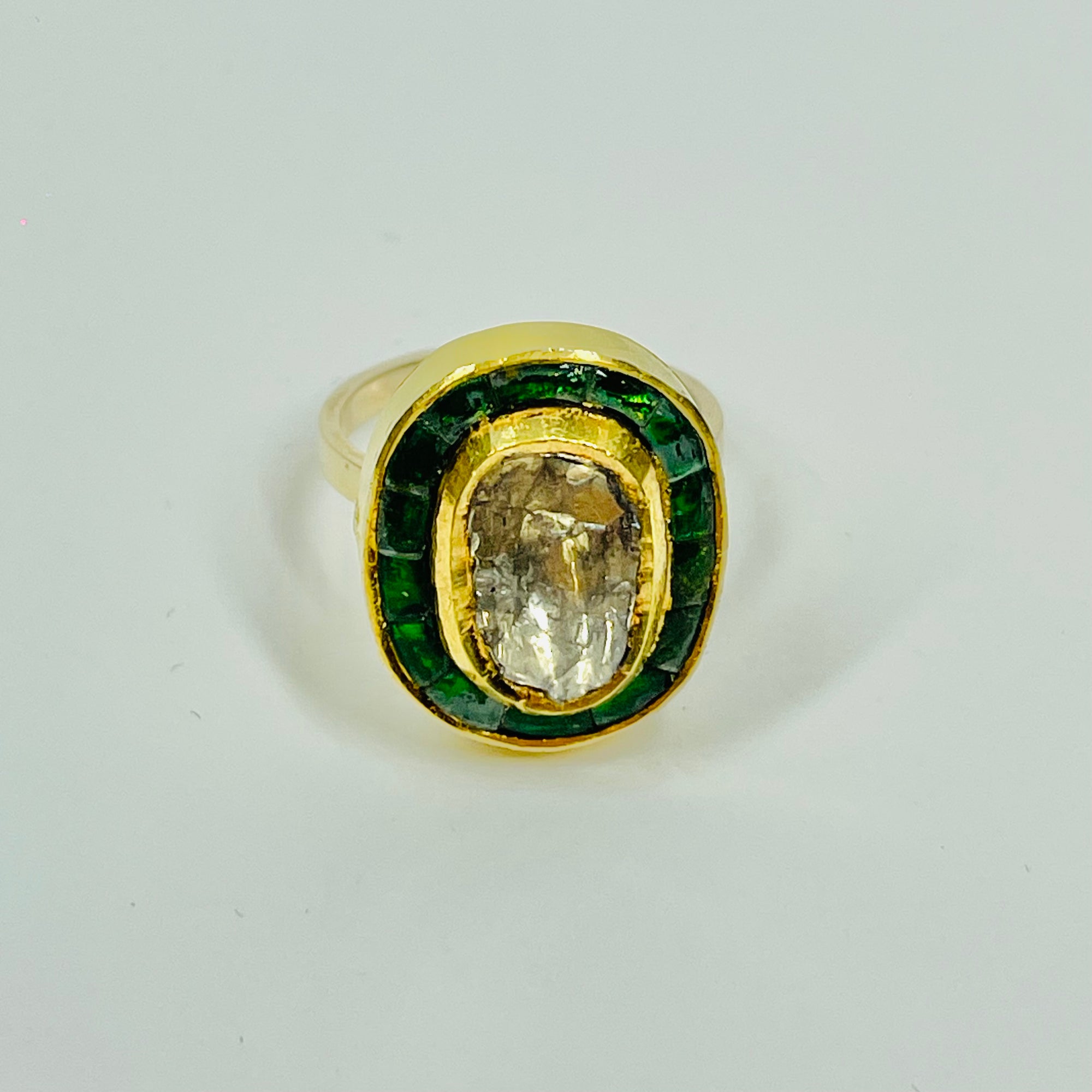 ANTIQUE 22K GOLD INDIAN POLKI RAW DIAMOND RING WITH GREEN ENAMEL
