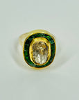 ANTIQUE 22K GOLD INDIAN POLKI RAW DIAMOND RING WITH GREEN ENAMEL