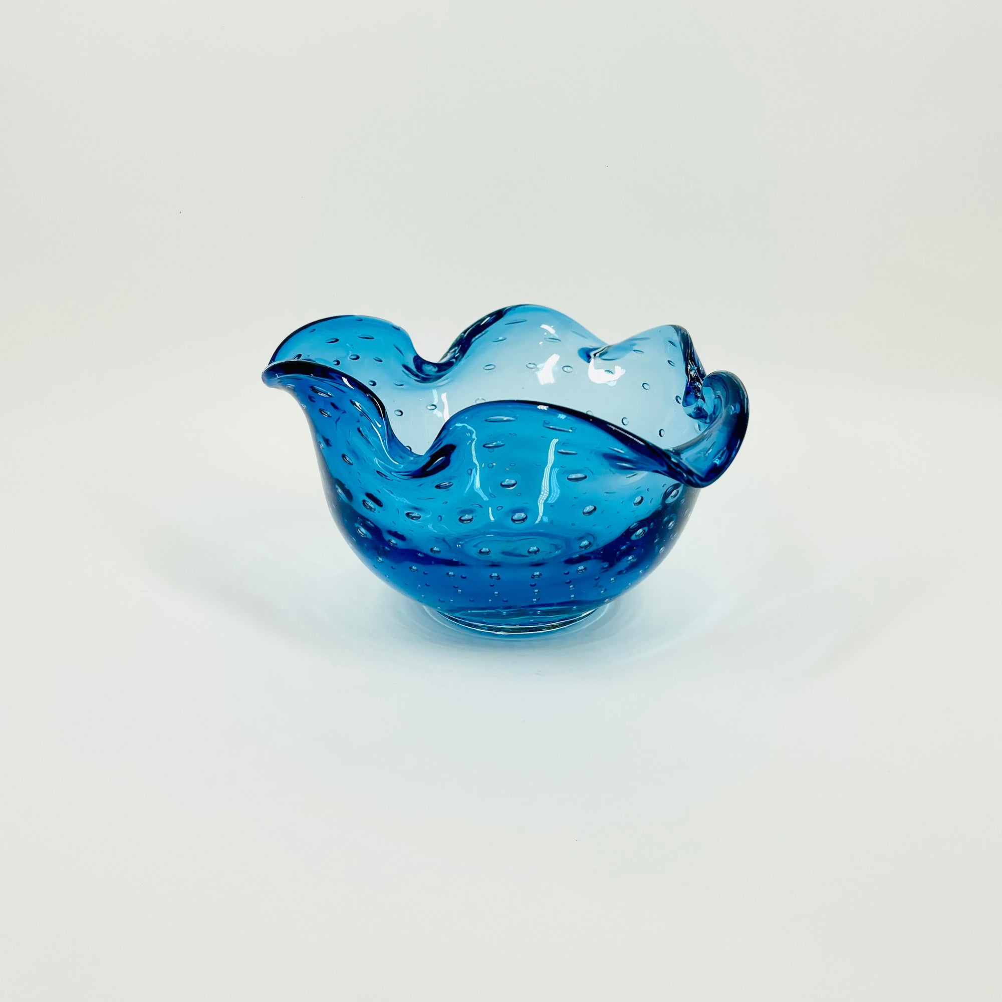 1950s MURANO BLUE GLASS PINCHED BOWL/ASHTRAY WITH CONTROLLED BUBBLES
