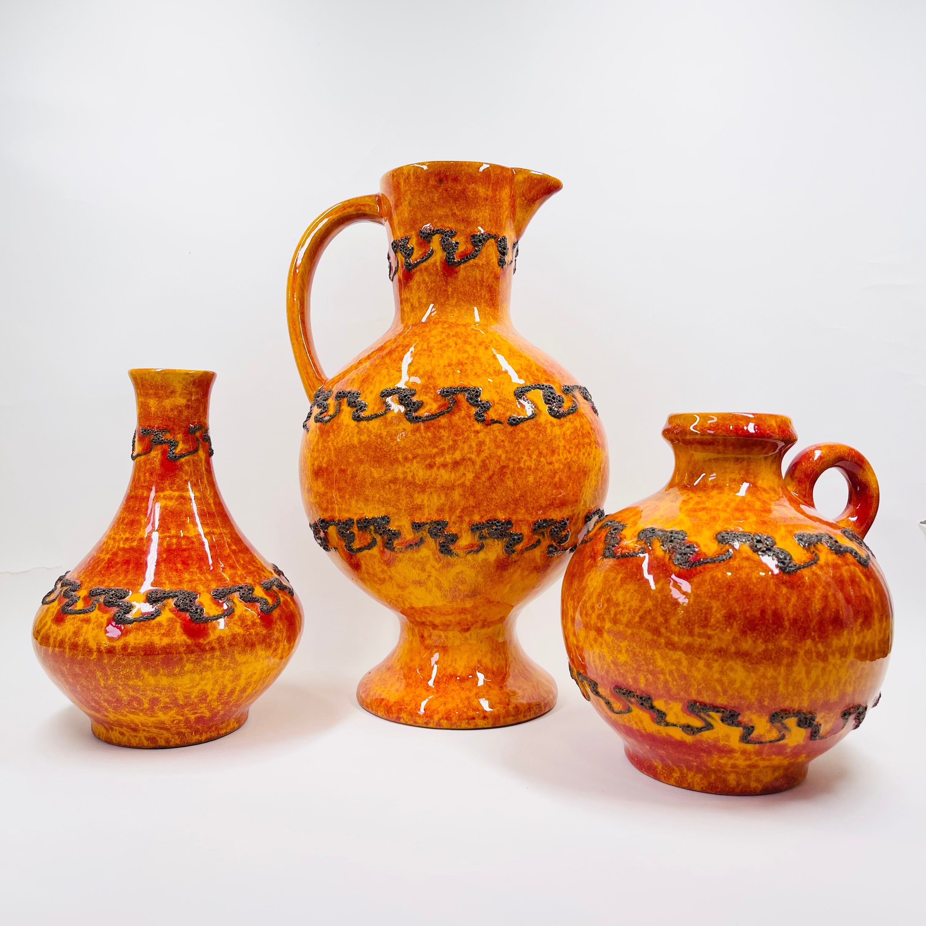 1960s WEST GERMAN ORANGE FAT LAVA POTTERY TALL JUG VASE BY KREUTZ