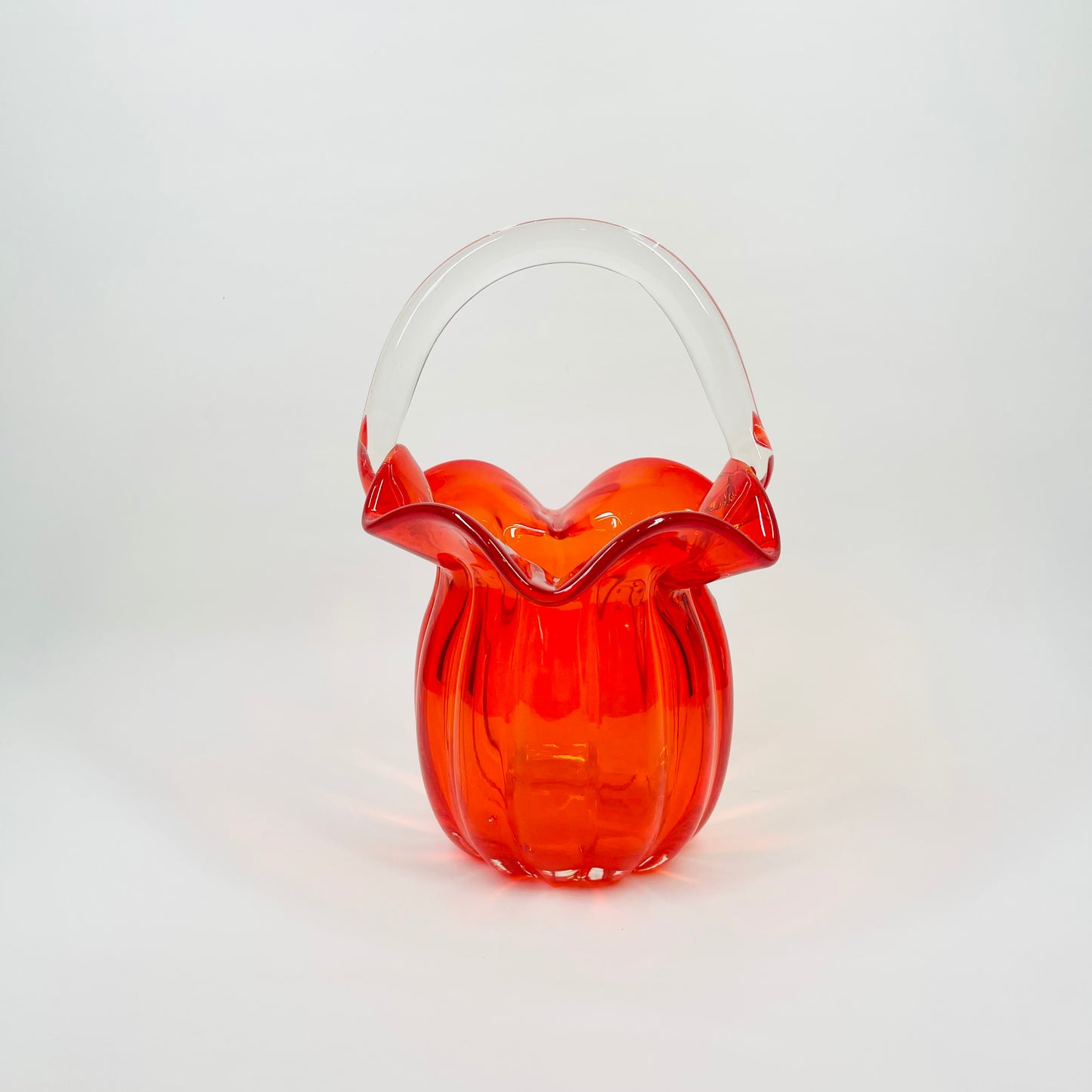 1950s JAPANESE RED/ORANGE OMBRE GLASS BASKET/VASE