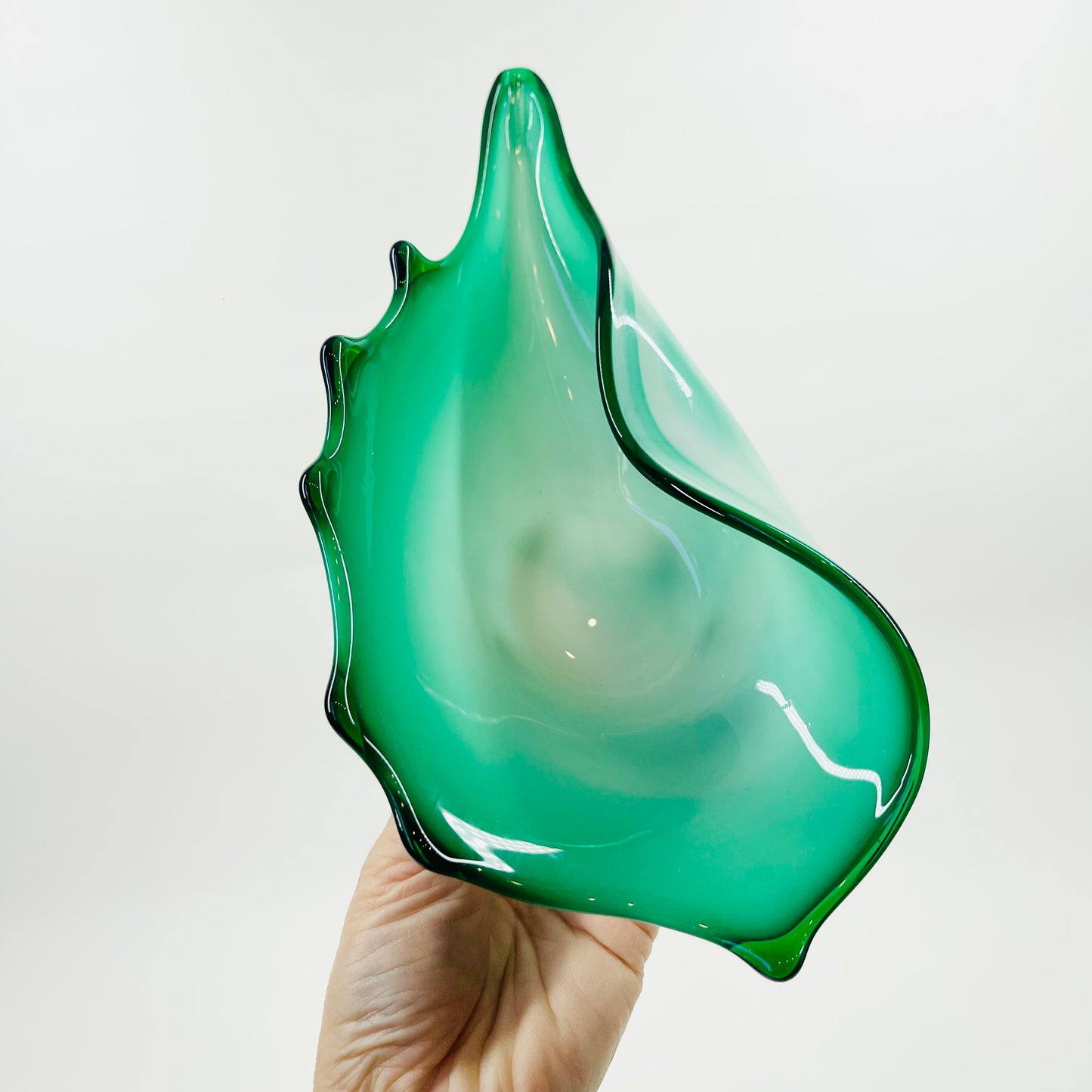 1950s MURANO FOLDED IRIDESCENT EMERALD GREEN SHELL BOWL