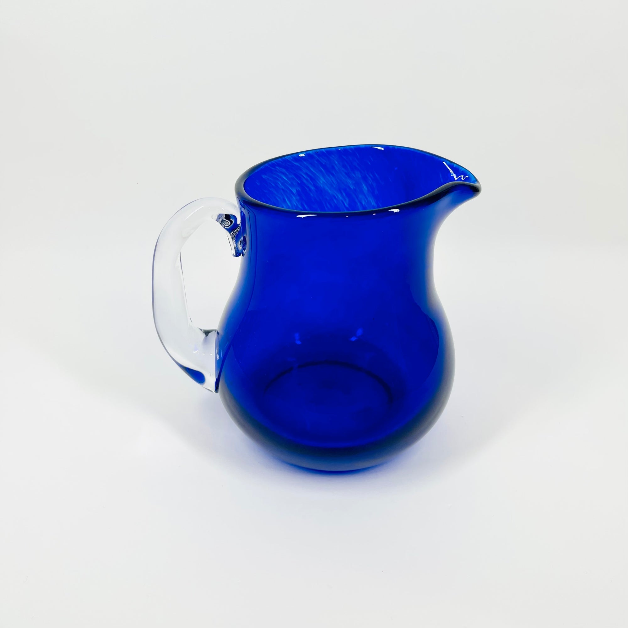 1980s MOUTH BLOWN COBALT BLUE SPATTER GLASS JUG