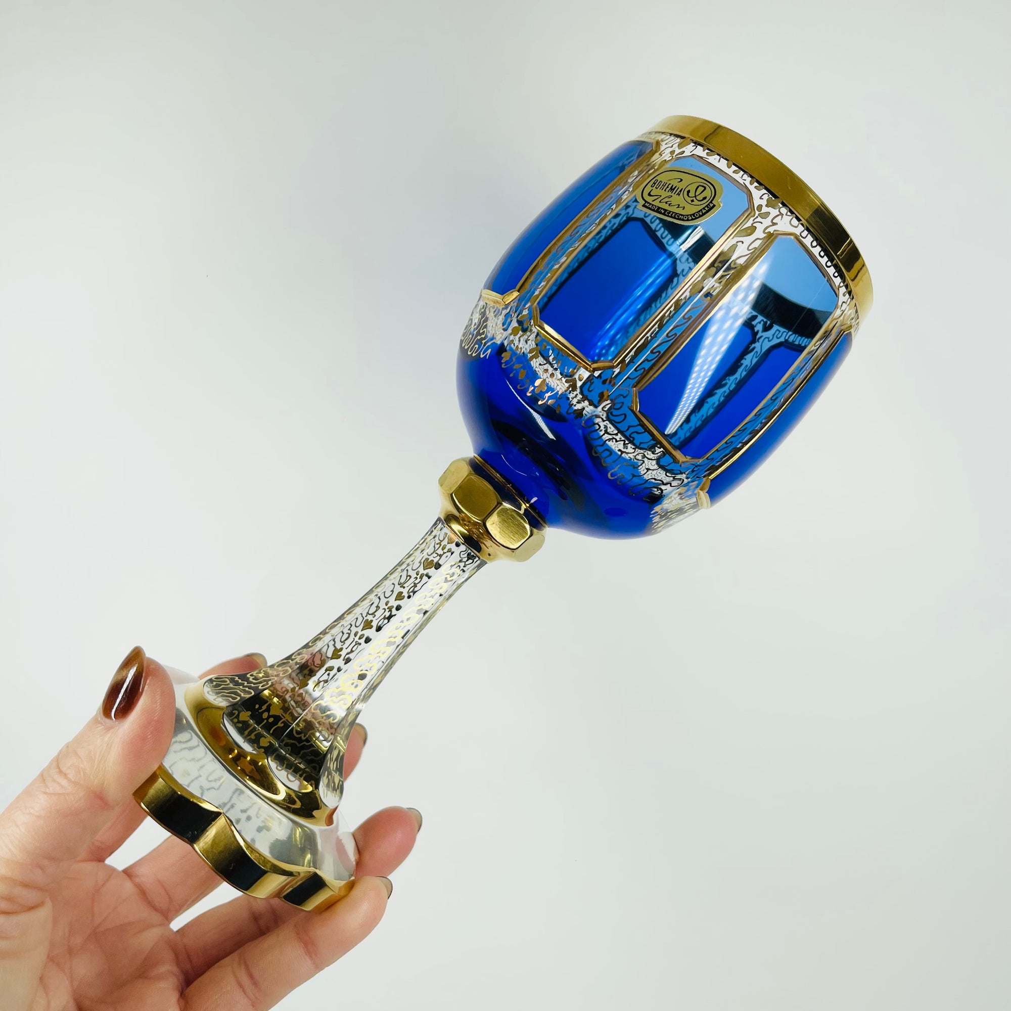 1930s MOSER GILT GOLD ENAMELED COBALT BLUE GLASS GOBLETS