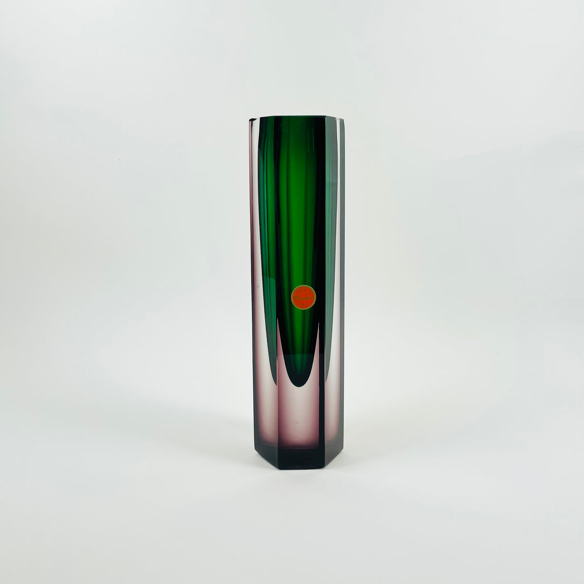 1950s PURPLE EMERALD GREEN MURANO SOMMERSO FACETED HEXAGON GLASS BLOCK VASE