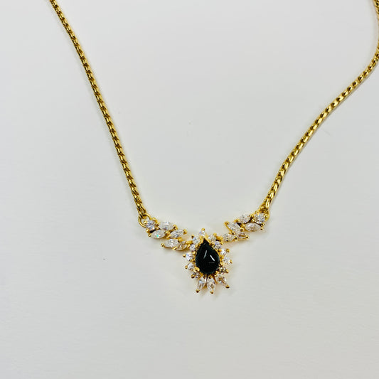 1970s GOLD PLATED BEZEL DIAMANTE BLACK PENDANT NECKLACE