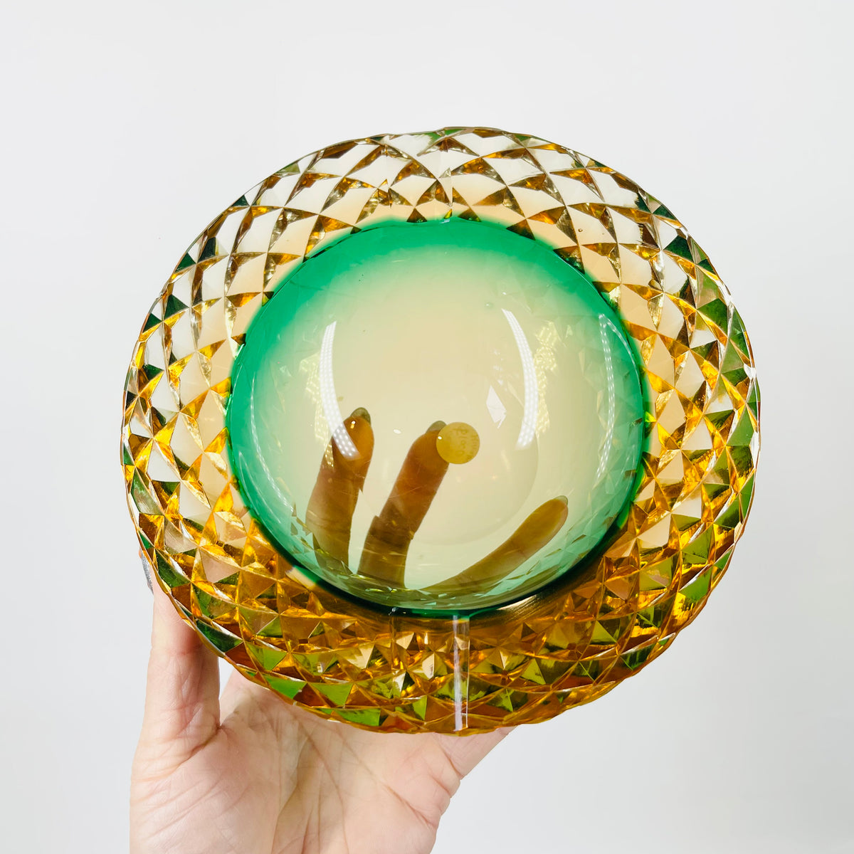 1920s GREEN GOLD AMBER MURANO MANDRUZZATO SOMMERSO FACETED GLASS BOWL/ASHTRAY