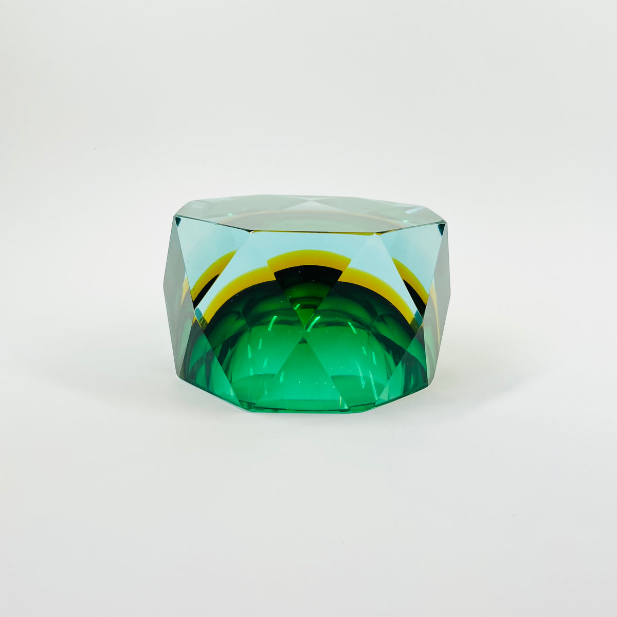 1940s GREEN BLUE GOLD AMBER MURANO MANDRUZZATO SOMMERSO DIAMOND FACETED GLASS BOWL/ASHTRAY