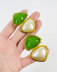 1980s RUNWAY CHANEL GRIPOIX GREEN GLASS MABE PEARL STATEMENT CLIP ON EARRINGS