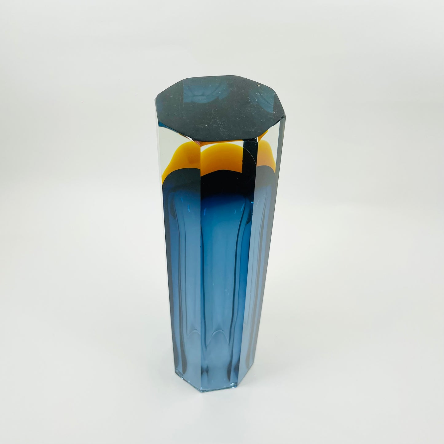 BLUE AMBER SOMMERSO GLASS HEXAGON MANDRUZZATO VASE