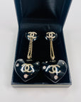 2022 LIMITED EDITION CHANEL BLACK RESIN DIAMANTE CC LOGO HEARTS DROP PIERCED EARRINGS