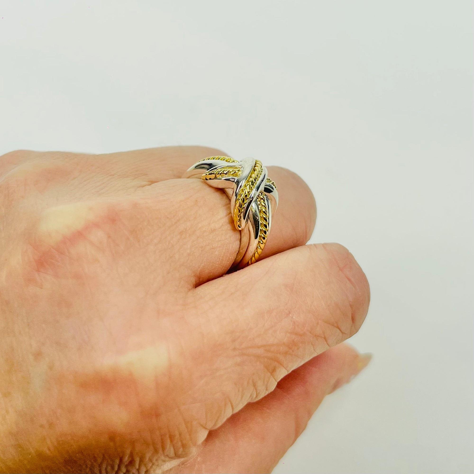 1980s VINTAGE TIFFANY &amp; CO SIGNATURE CROSS CABLE SILVER GOLD RING