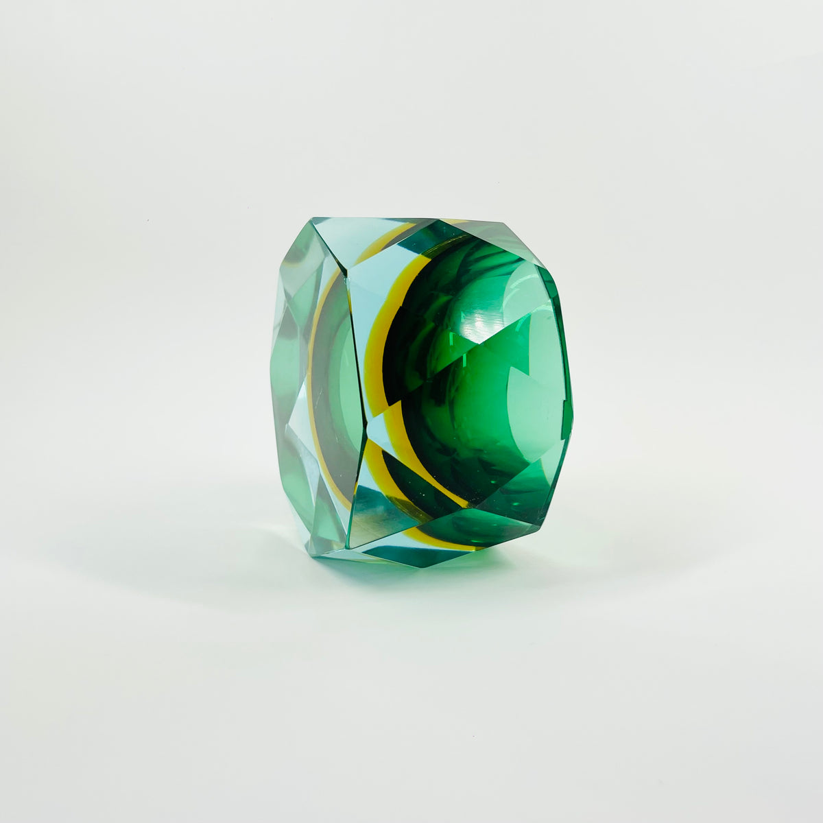 1940s GREEN BLUE GOLD AMBER MURANO MANDRUZZATO SOMMERSO DIAMOND FACETED GLASS BOWL/ASHTRAY