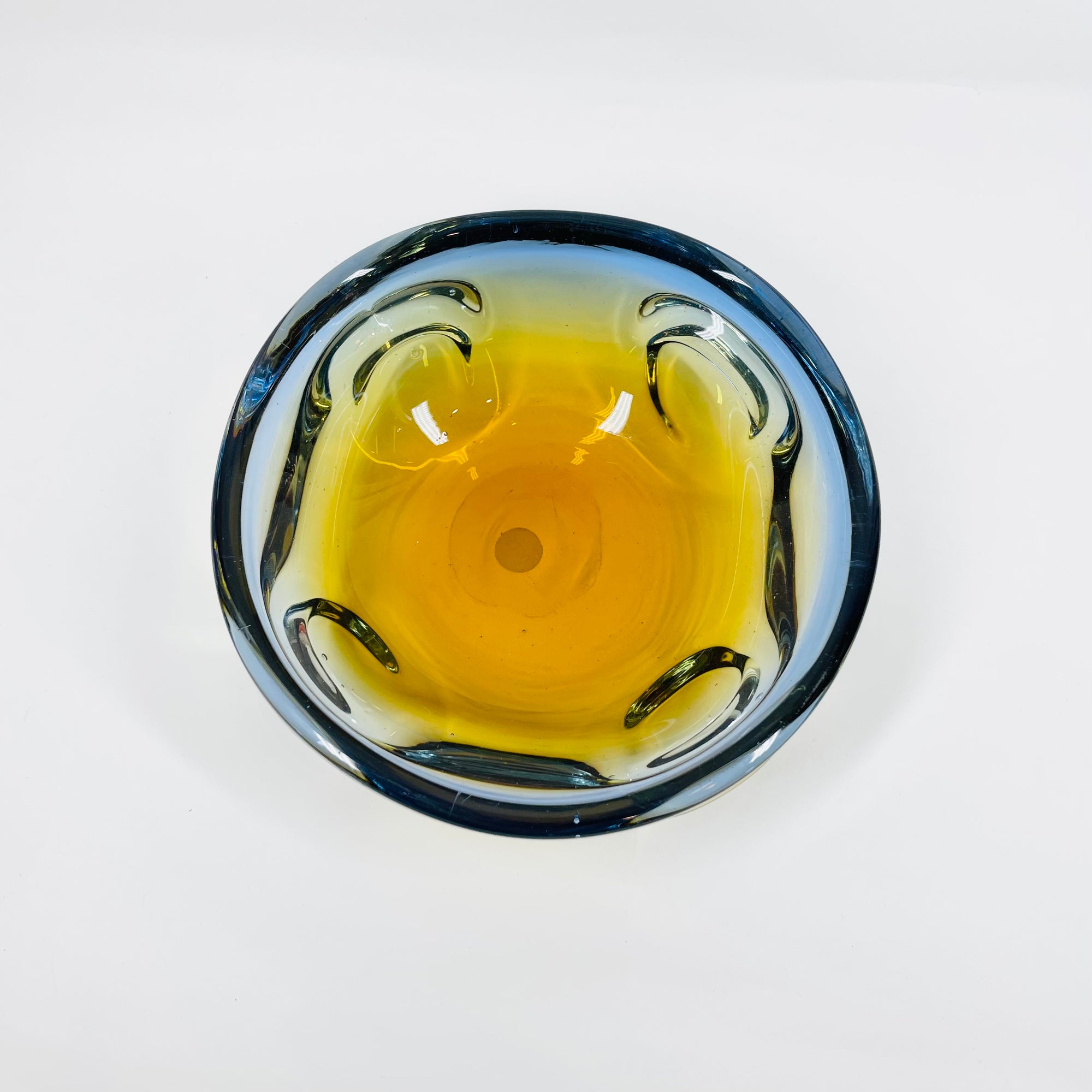 1960s MURANO BLUE AMBER SOMMERSO GLASS PINCHED BOWL/ASHTRAY