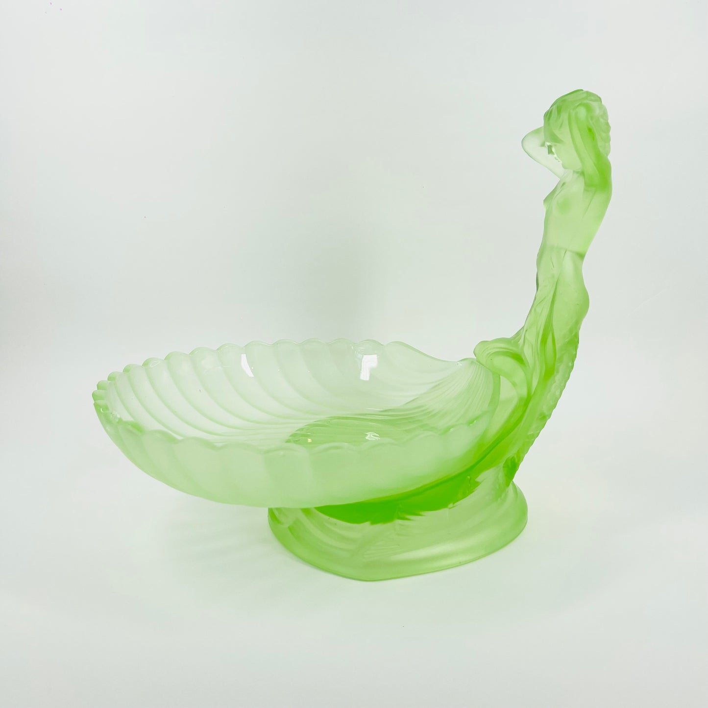 ANTIQUE ART DECO SATIN URANIUM GLASS MERMAID SHELL BOWL