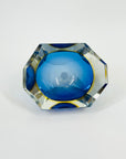 1950s MURANO MANDRUZZATO COBALT BLUE YELLOW SOMMERSO DIAMOND FACETED RECTANGULAR GLASS BOWL