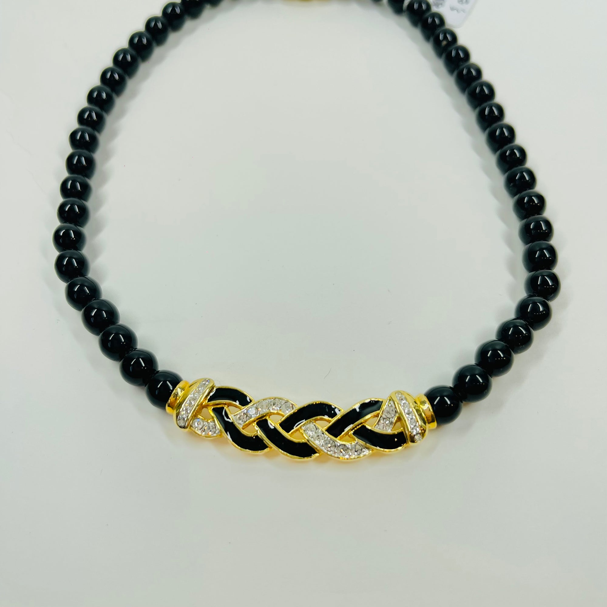 1950s GROSSE GERMANY COSTUME BRAIDED BLACK BEADED NECKLACE WITH ENAMEL PENDANT