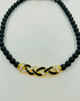 1950s GROSSE GERMANY COSTUME BRAIDED BLACK BEADED NECKLACE WITH ENAMEL PENDANT