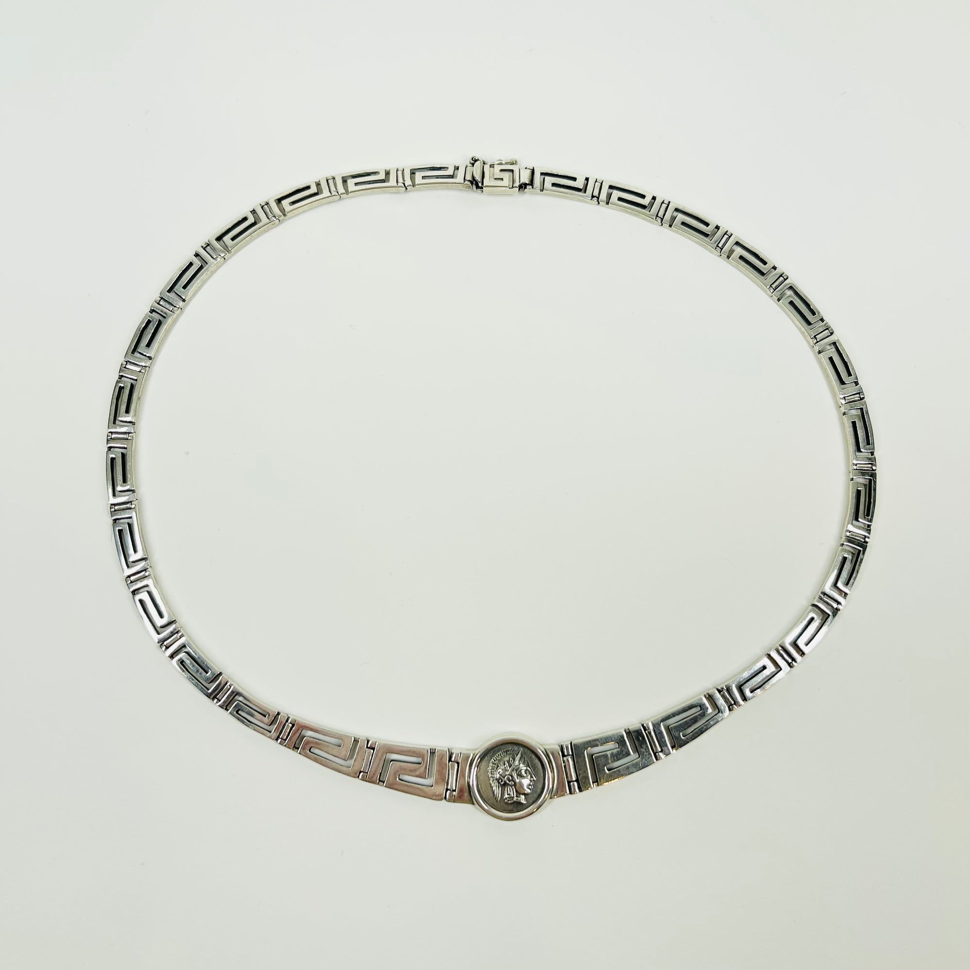 ANTIQUE STERLING SILVER GREEK KEYS ROMAN COIN NECKLACE