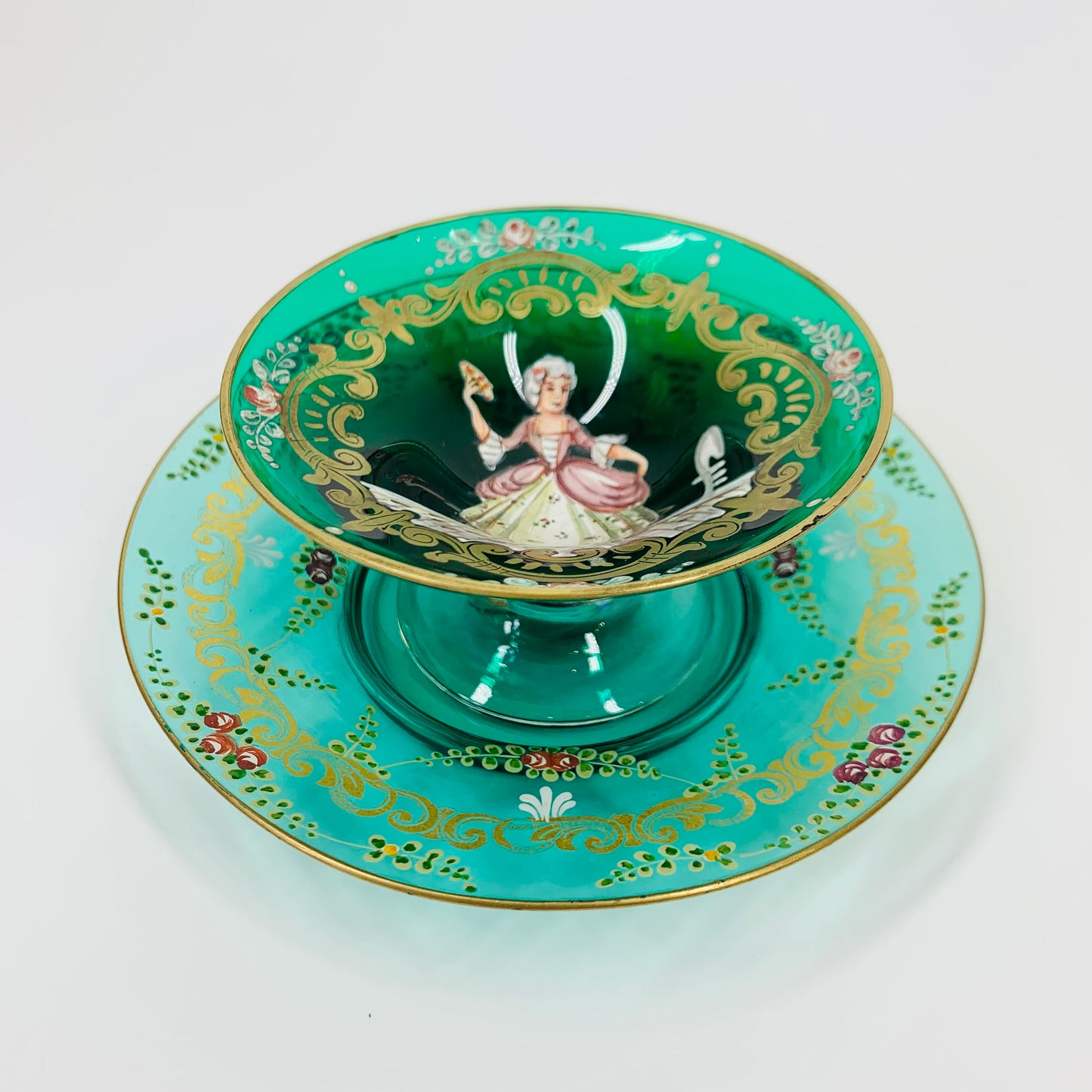 ANTIQUE VENETIAN HAND PAINTED MINI GLASS PLATE/BOWL