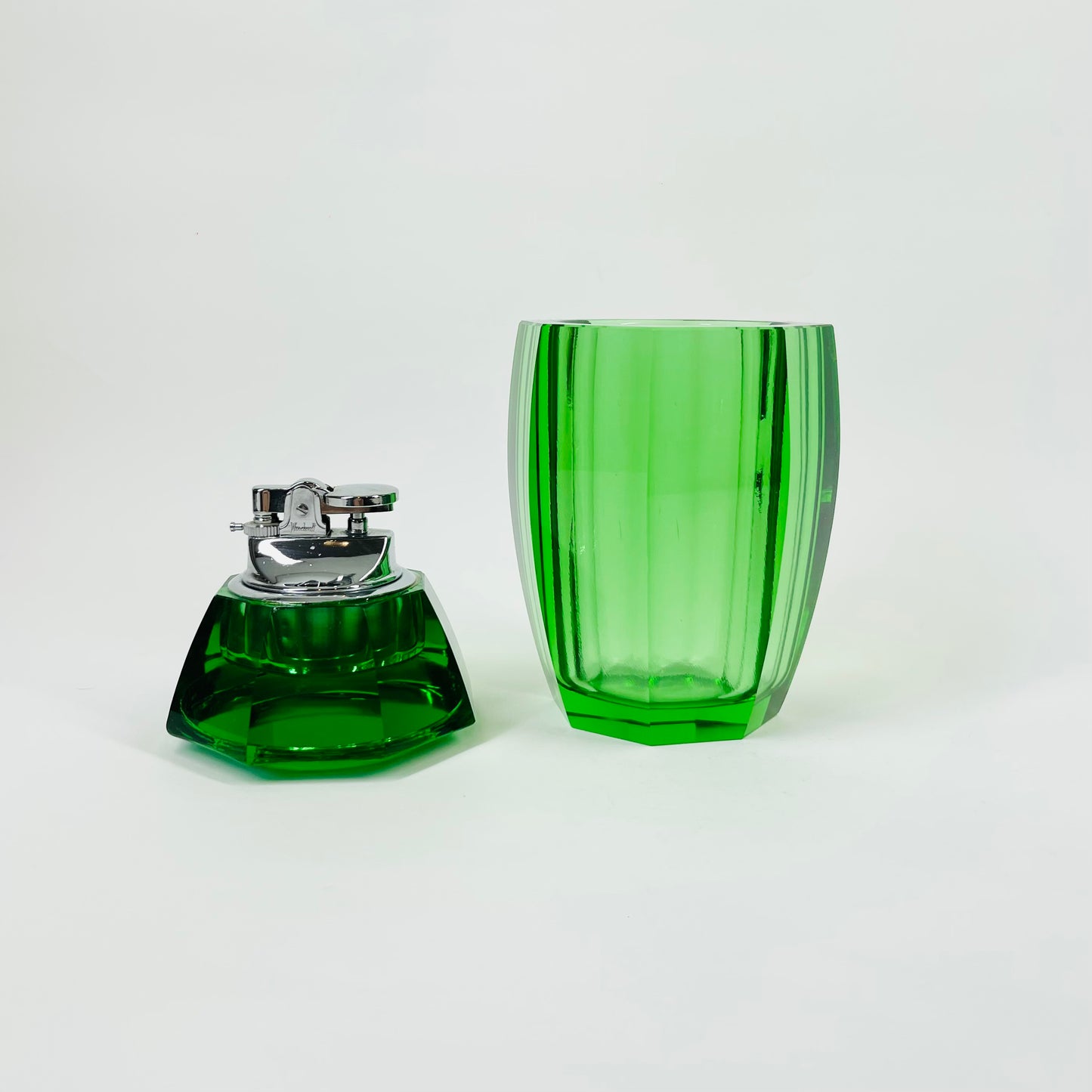 1950s FACETED GREEN GLASS LIGHTER BOX