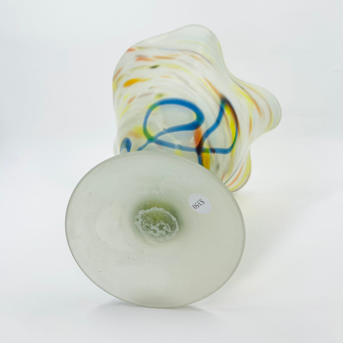 1980s WHITE YELLOW SATIN SPATTER ART GLASS VASE