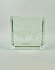 1950s JAPANESE ETCHED HORSES GLASS BRICK BOOKEND